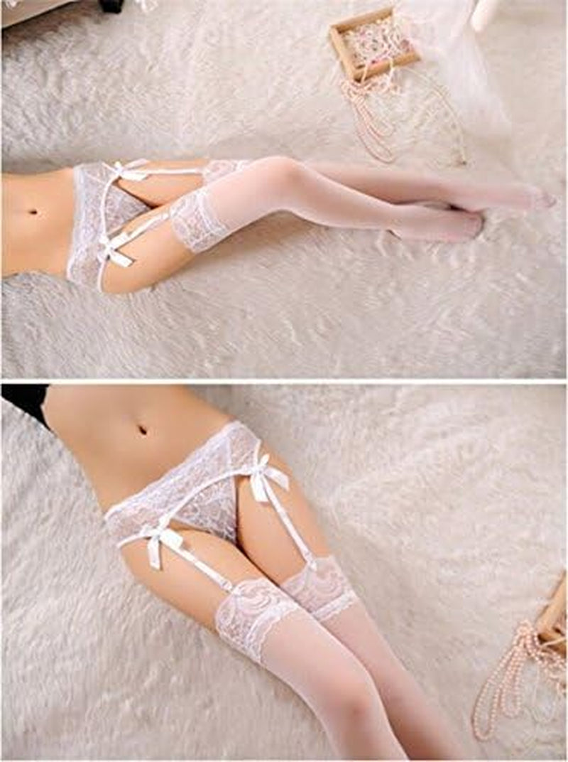 Women'S 3 Pieces Lace Garter Belt Stockings Sets with Butterfly Panty (White)