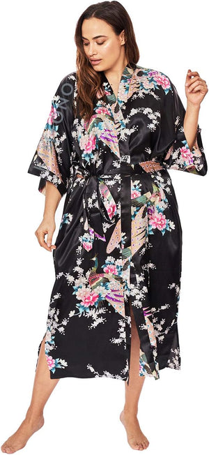 plus Size Women'S Satin Kimono Robe Long - Floral