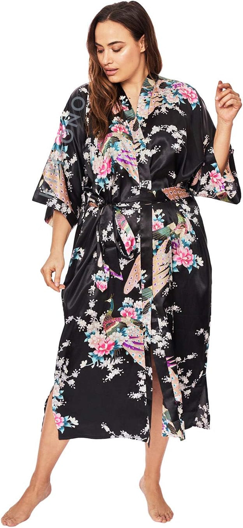 plus Size Women'S Satin Kimono Robe Long - Floral