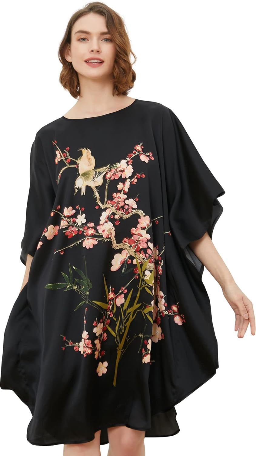 Women'S 100% Silk Short Robe Bathrobe Nightgown Pajama Sleepwear -Classic Batwing Sleeved (Black-C)