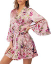 Women'S Silk Robe Kimono Bridesmaid Robes with Ruffle Hem V-Neck Floral Short Satin Wedding Bridal Party Robe,Pink Floral XL.