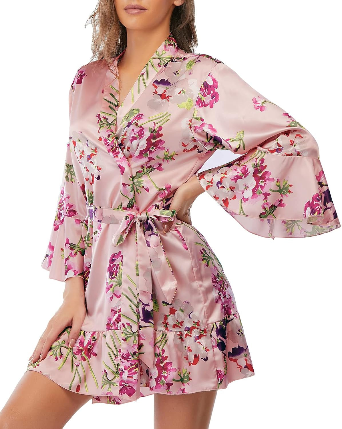 Women'S Silk Robe Kimono Bridesmaid Robes with Ruffle Hem V-Neck Floral Short Satin Wedding Bridal Party Robe,Pink Floral XL.