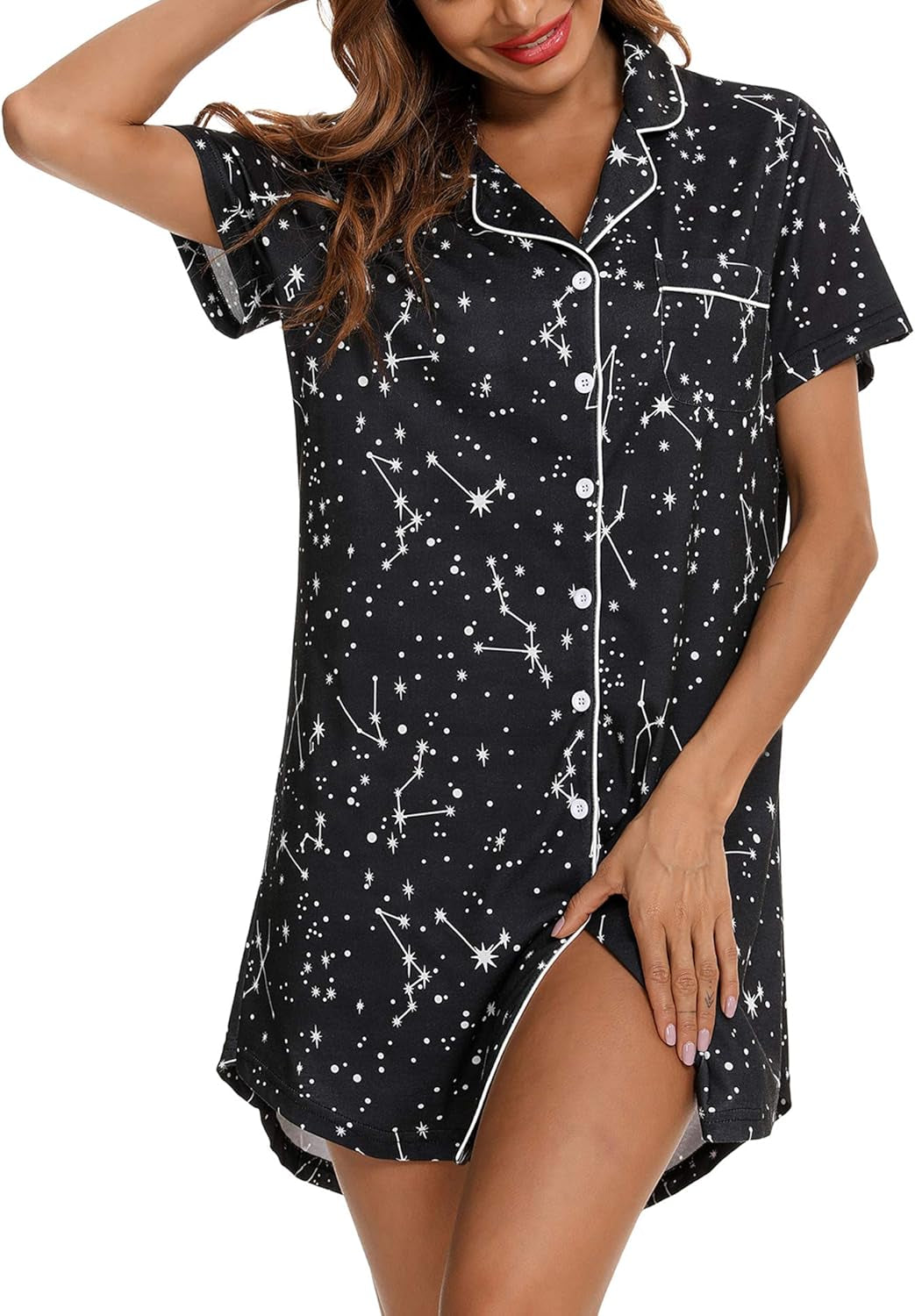 Nightgown for Women Sleep Shirt Short Long Sleeve Sleepwear Boyfriend Nightshirt Button down Pajama Dress S-XXL