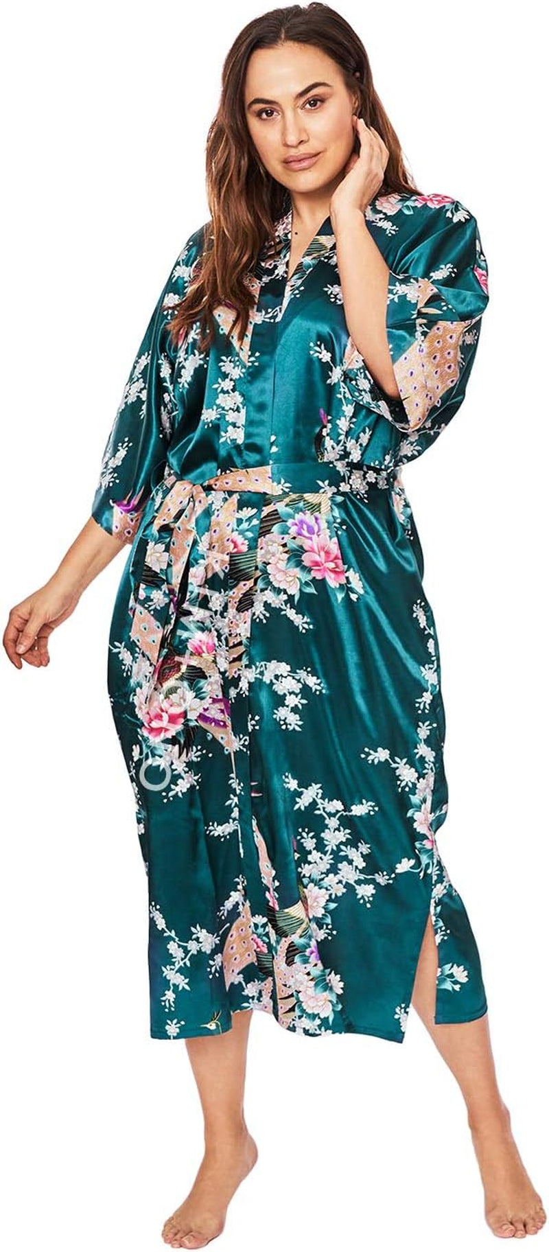 plus Size Women'S Satin Kimono Robe Long - Floral