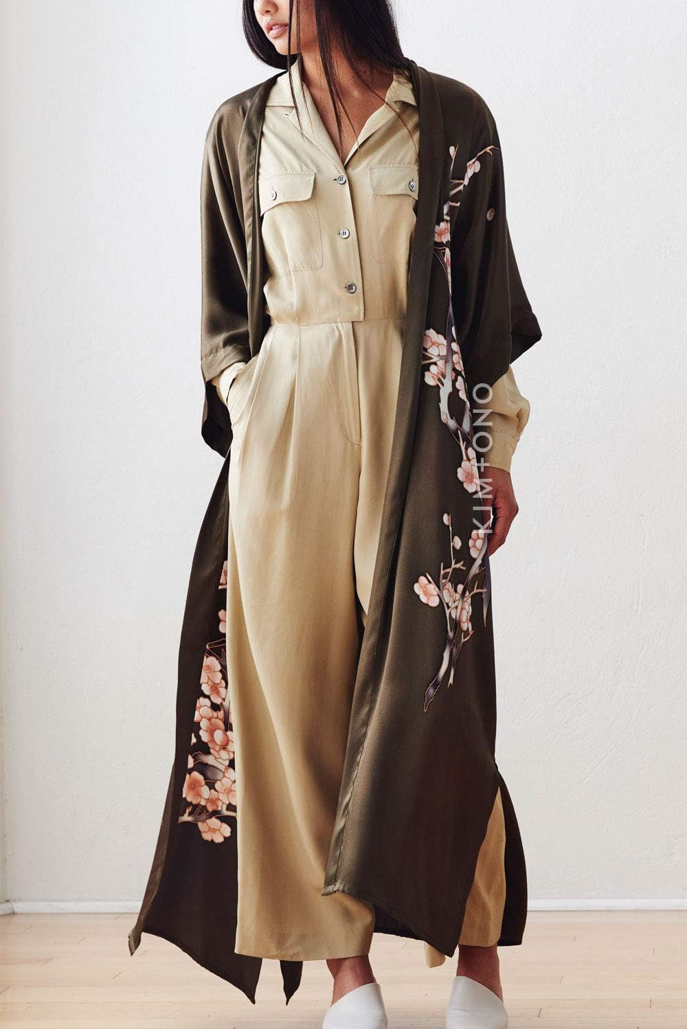 Women'S Silk Kimono Robe Long - Handpainted - Cherry Blossom Olive, 100 Percent Silk Robes for Women with Handpainted Design, Long Silk Robe 52 Inches in Length, One Size Fits Most.