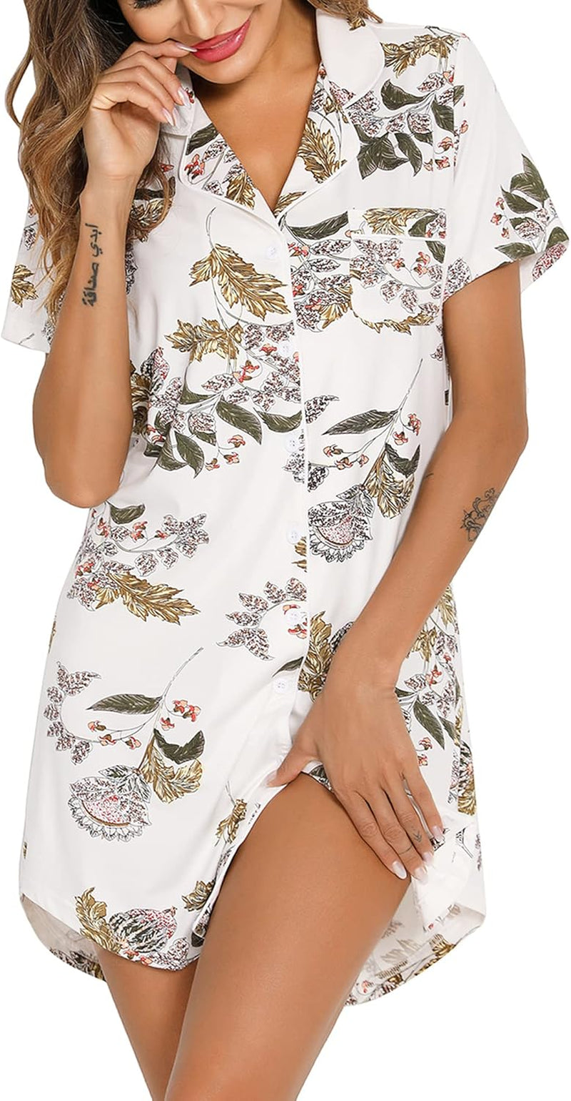 Nightgown for Women Sleep Shirt Short Long Sleeve Sleepwear Boyfriend Nightshirt Button down Pajama Dress S-XXL