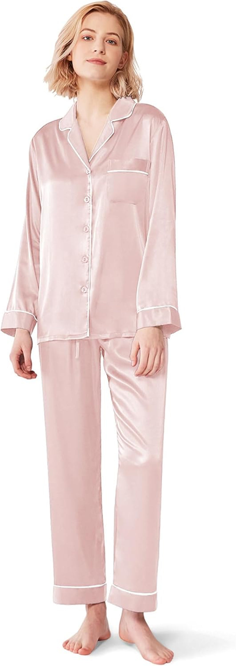 Silk Satin Pajamas Women'S Long Sleeve Pj Set Soft Button down 2 Piece Sleepwear Loungewear S-XL