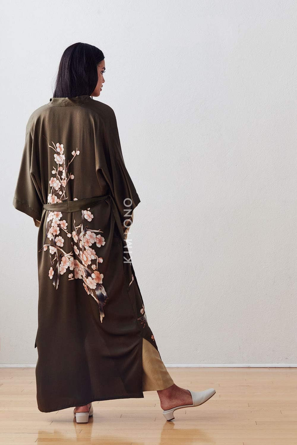 Women'S Silk Kimono Robe Long - Handpainted - Cherry Blossom Olive, 100 Percent Silk Robes for Women with Handpainted Design, Long Silk Robe 52 Inches in Length, One Size Fits Most.