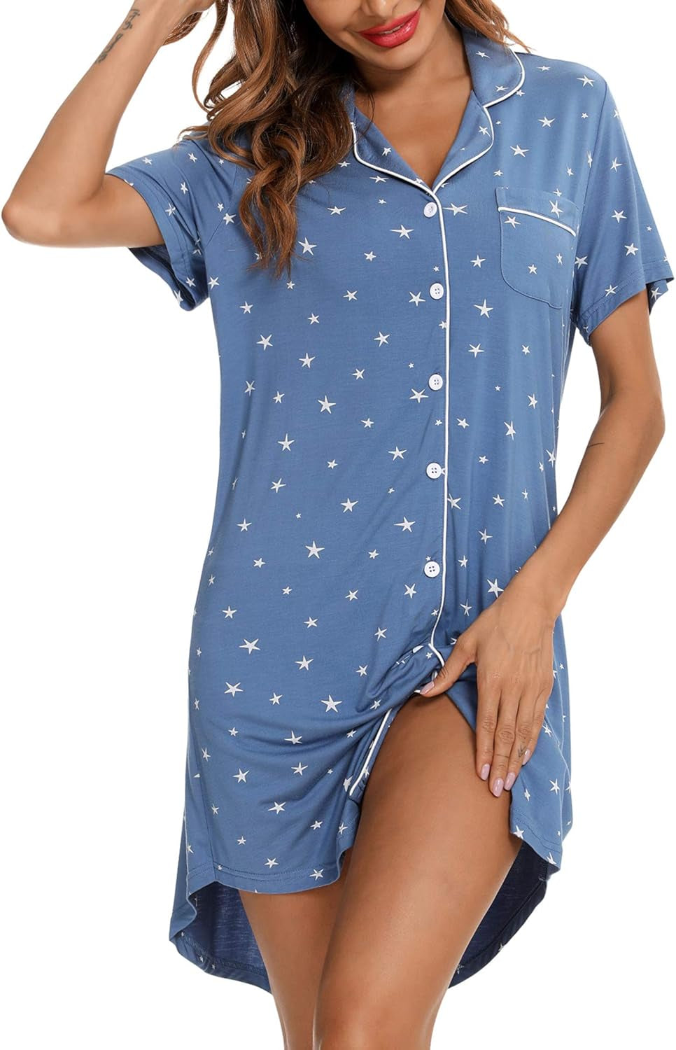 Nightgown for Women Sleep Shirt Short Long Sleeve Sleepwear Boyfriend Nightshirt Button down Pajama Dress S-XXL