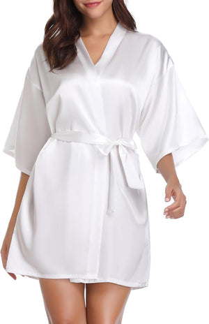 Womens Kimono Robes Dressing Gown Satin Bathrobe Nightdress Short Style Bridal Robe