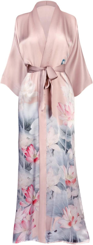 Women'S Silk Kimono Robe Long - Floral Print