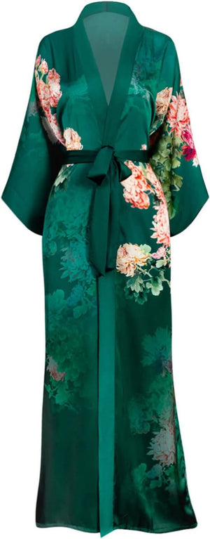 Women'S Charmeuse Kimono Robe Long - Watercolor Floral