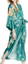 Women'S Charmeuse Kimono Robe Long - Watercolor Floral - Aimi- Brittany Blue