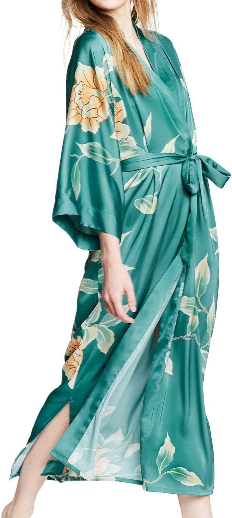 Women'S Charmeuse Kimono Robe Long - Watercolor Floral - Aimi- Brittany Blue