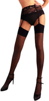Black Thigh High Garter Stockings for Women | Plain Top Thigh High Tights Pantyhose for Garter Belts - Black, M
