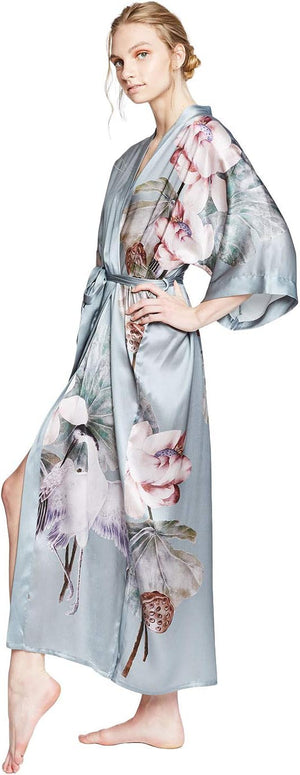 Women'S Silk Kimono Robe Long - Floral Print