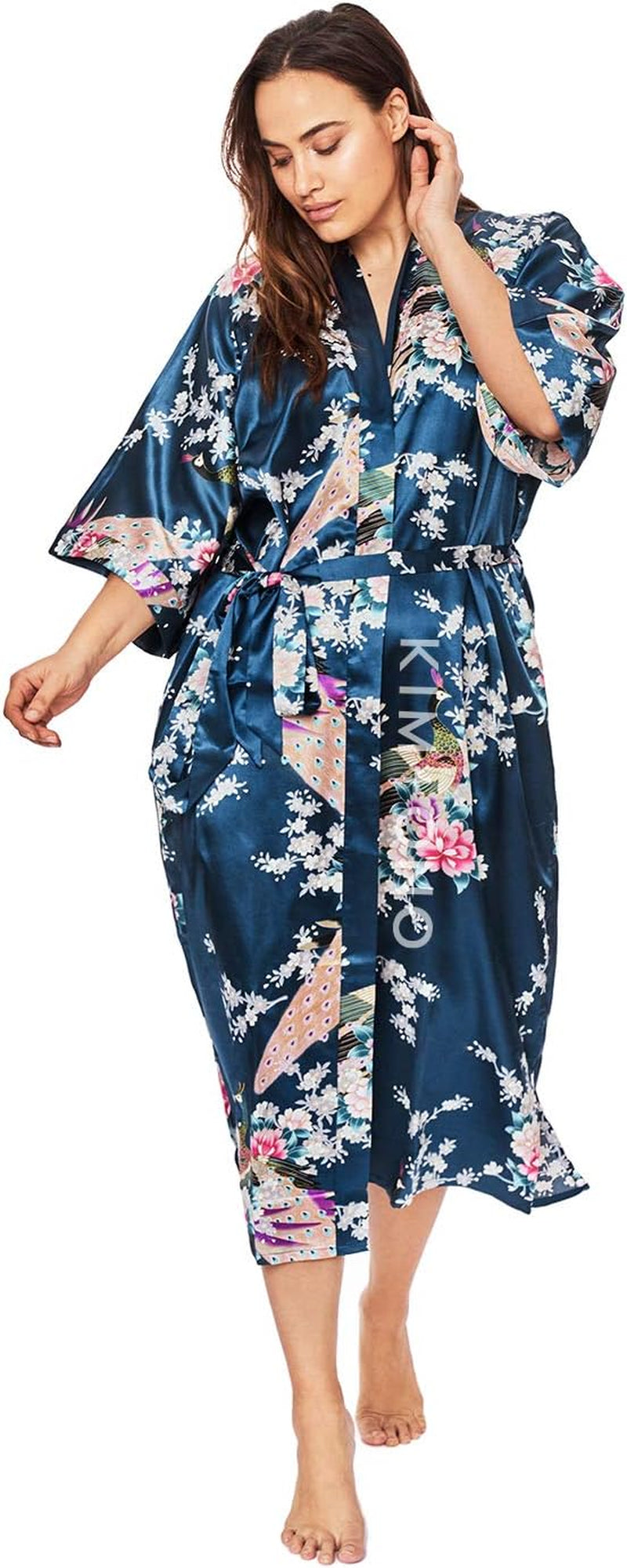 plus Size Women'S Satin Kimono Robe Long - Floral