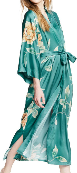 Women'S Charmeuse Kimono Robe Long - Watercolor Floral