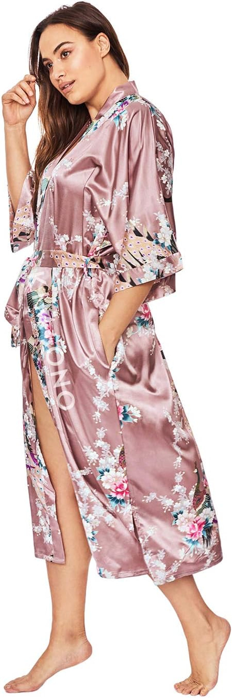 plus Size Women'S Satin Kimono Robe Long - Floral