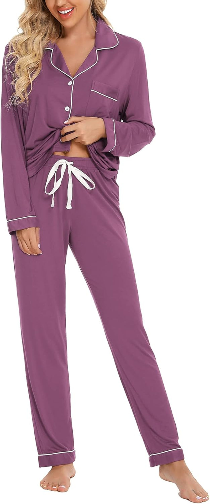 Pajamas Set for Women Long Sleeve Sleepwear Soft Button down Shirt with Long Pants Pj Lounge Sets S-XXL