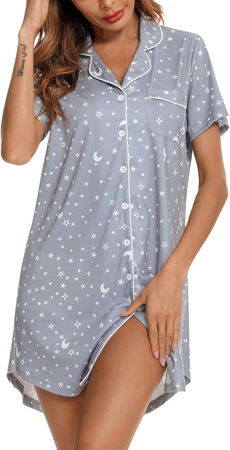 Nightgown for Women Sleep Shirt Short Long Sleeve Sleepwear Boyfriend Nightshirt Button down Pajama Dress S-XXL