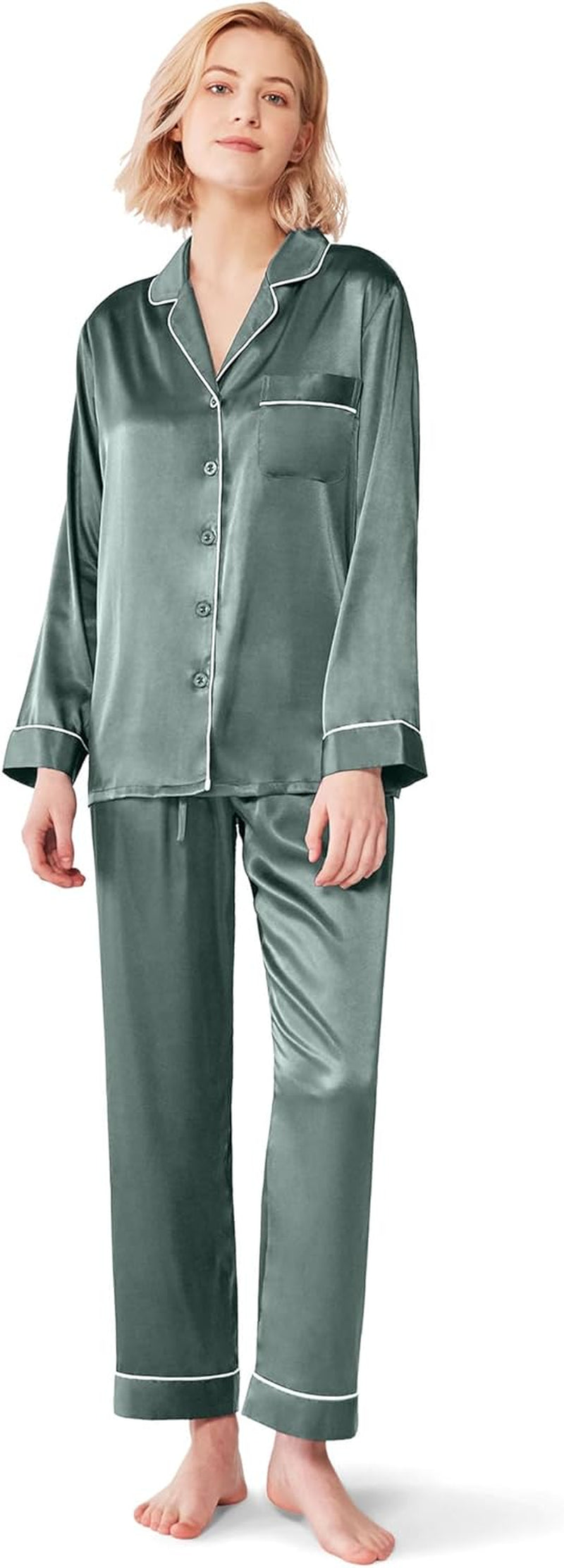 Silk Satin Pajamas Women'S Long Sleeve Pj Set Soft Button down 2 Piece Sleepwear Loungewear S-XL
