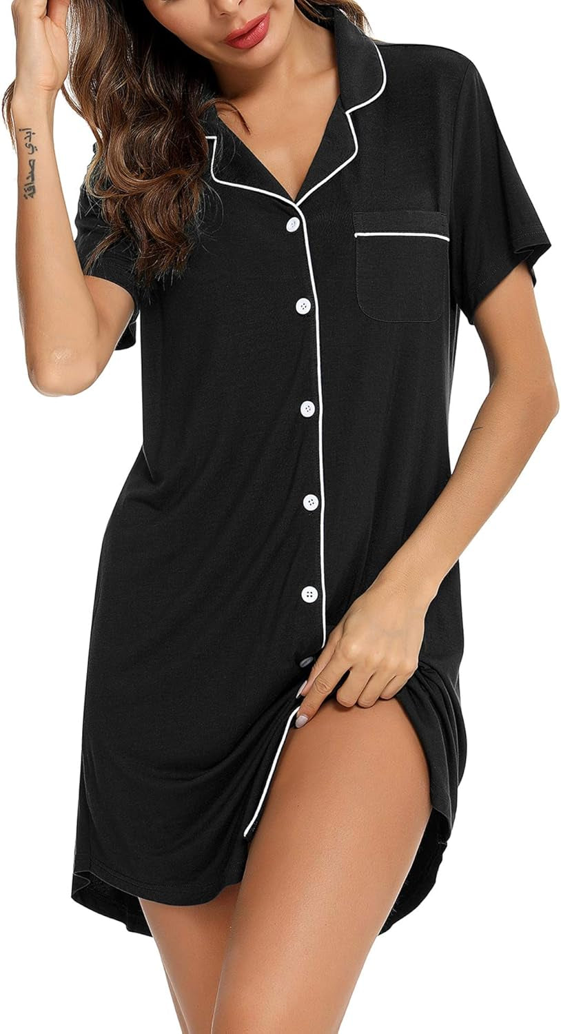 Nightgown for Women Sleep Shirt Short Long Sleeve Sleepwear Boyfriend Nightshirt Button down Pajama Dress S-XXL