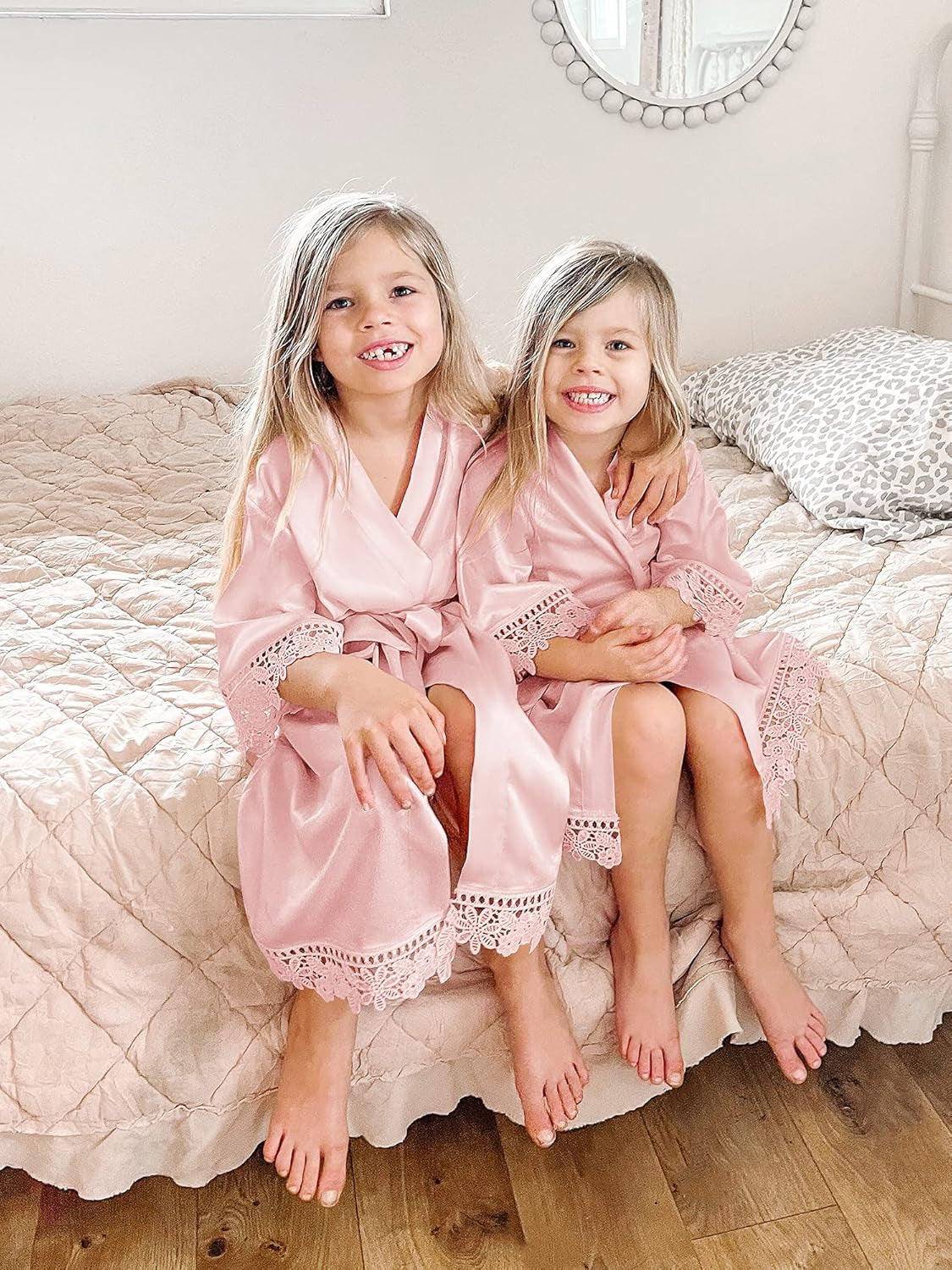 Flower Girl Satin Kimono Robes Kids Silky Bathrobes Sleepwear for Spa Birthday Party Wedding, Blush M