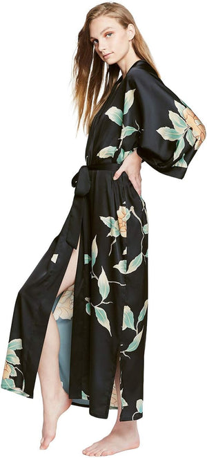 Women'S Charmeuse Kimono Robe Long - Watercolor Floral