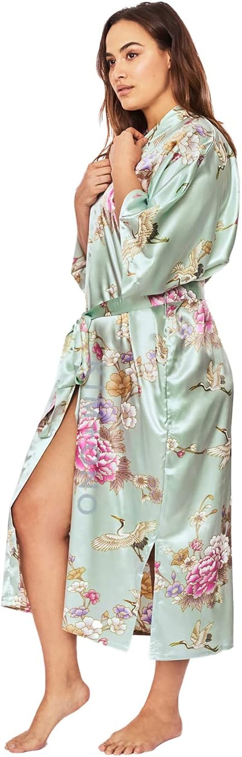plus Size Women'S Satin Kimono Robe Long - Floral