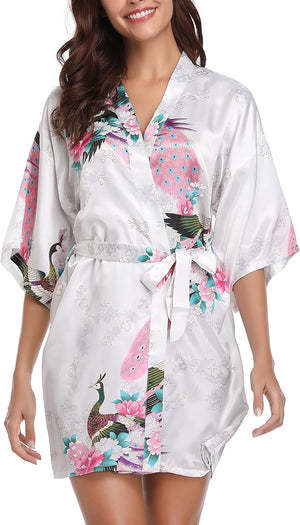 Womens Kimono Robes Dressing Gown Satin Bathrobe Nightdress Short Style Bridal Robe