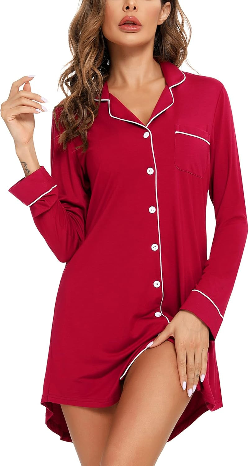 Nightgown for Women Sleep Shirt Short Long Sleeve Sleepwear Boyfriend Nightshirt Button down Pajama Dress S-XXL