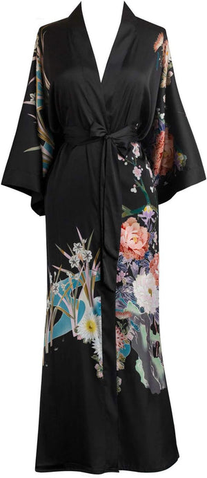 Women'S Charmeuse Kimono Robe Long - Watercolor Floral