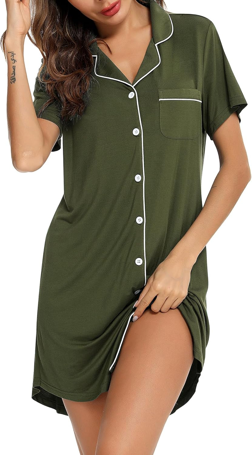 Nightgown for Women Sleep Shirt Short Long Sleeve Sleepwear Boyfriend Nightshirt Button down Pajama Dress S-XXL