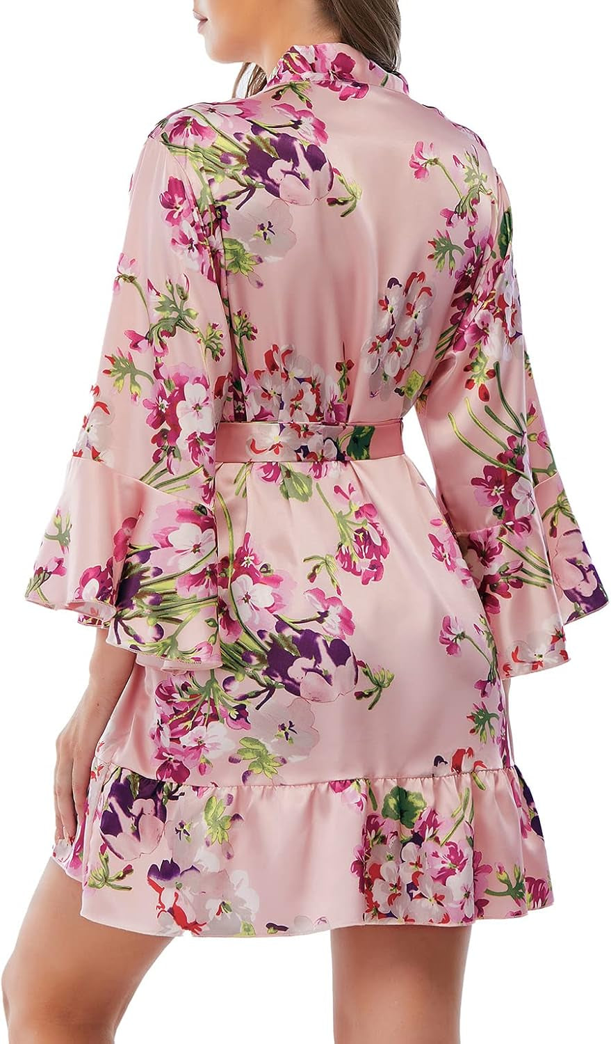 Women'S Silk Robe Kimono Bridesmaid Robes with Ruffle Hem V-Neck Floral Short Satin Wedding Bridal Party Robe,Pink Floral XL.