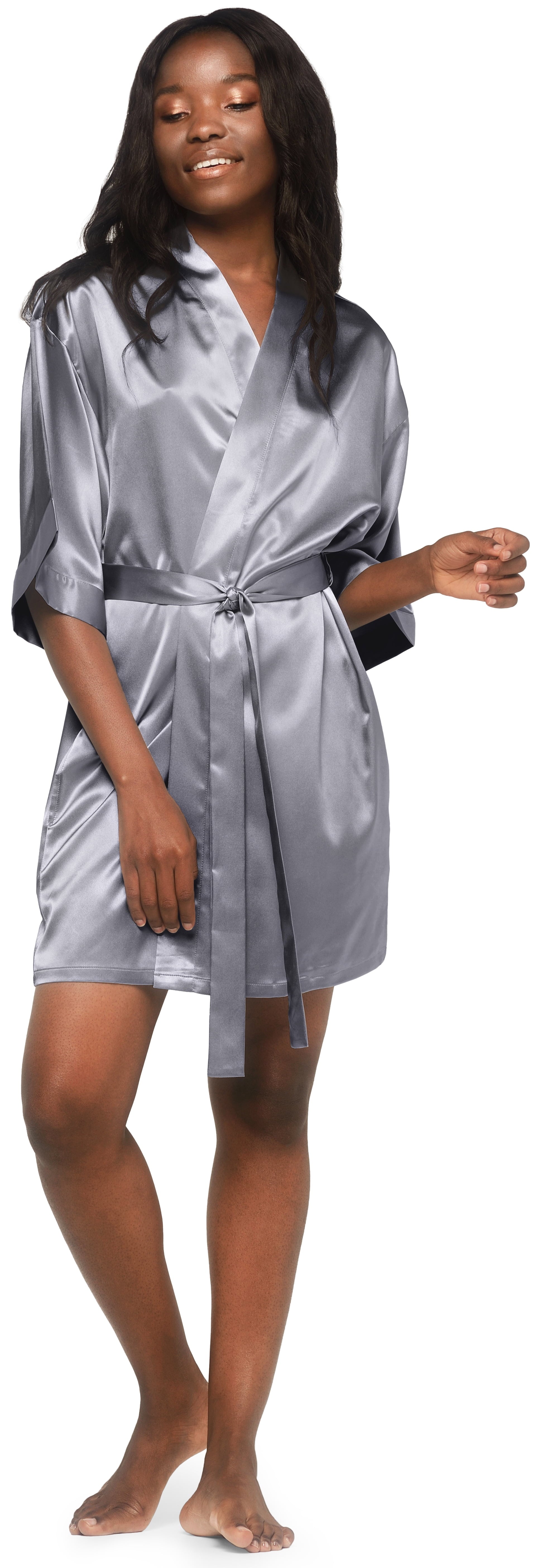 Classic Gray Satin Kimono Short Robe