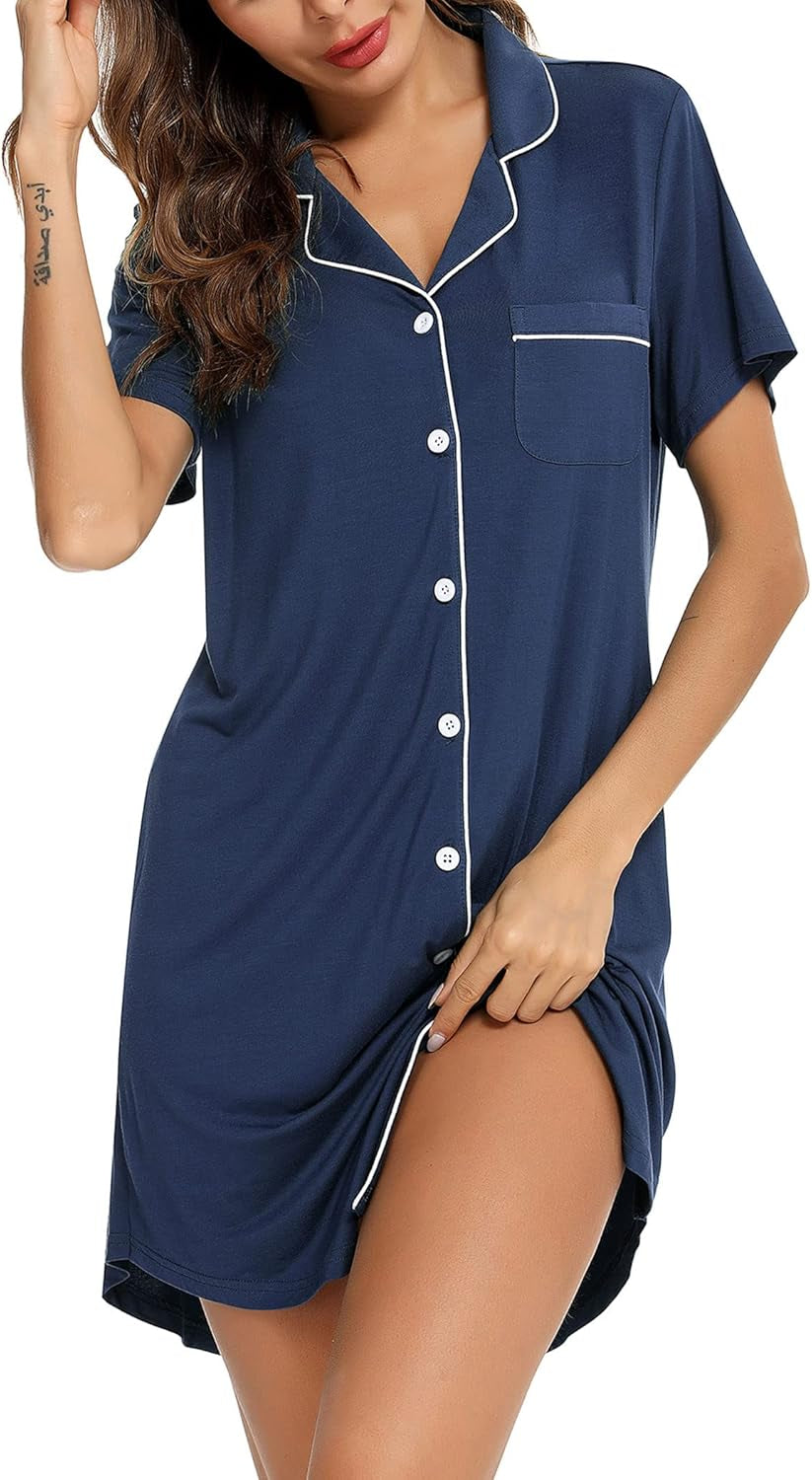 Nightgown for Women Sleep Shirt Short Long Sleeve Sleepwear Boyfriend Nightshirt Button down Pajama Dress S-XXL