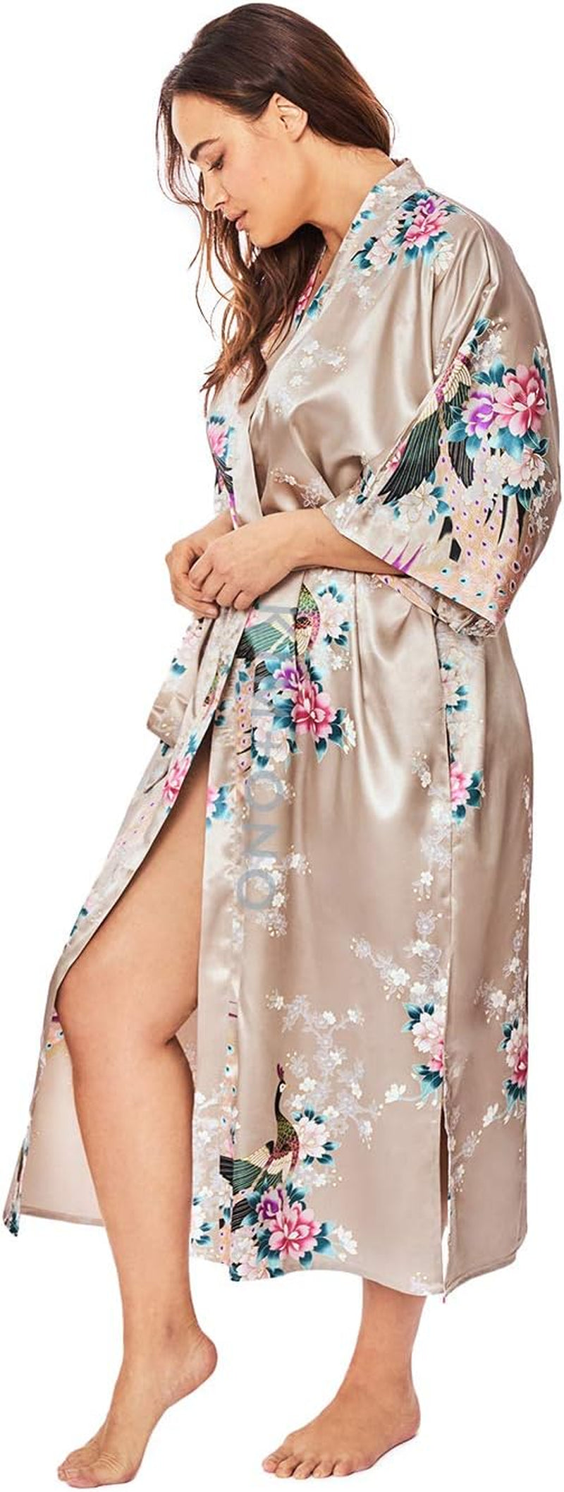 plus Size Women'S Satin Kimono Robe Long - Floral