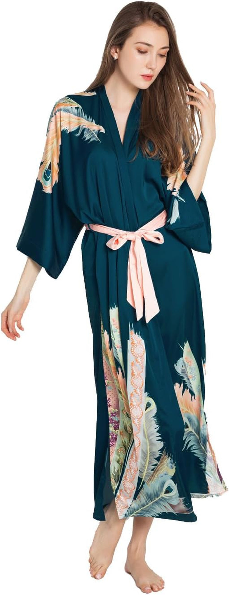 Women'S Charmeuse Kimono Robe Long - Watercolor Floral - Peacock Feather- Teal (Blue)