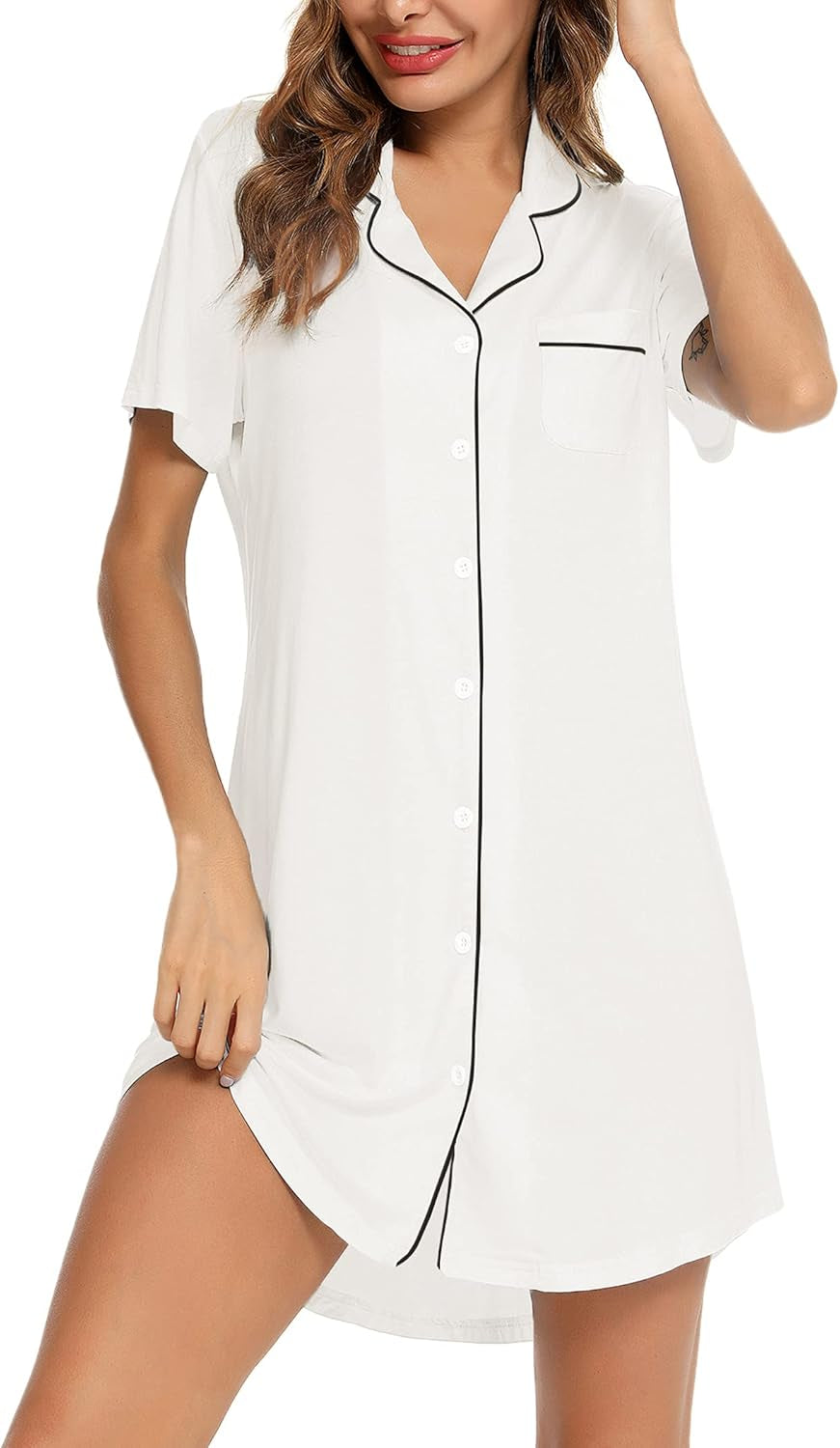 Nightgown for Women Sleep Shirt Short Long Sleeve Sleepwear Boyfriend Nightshirt Button down Pajama Dress S-XXL