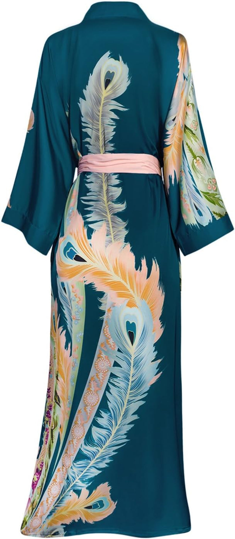 Women'S Charmeuse Kimono Robe Long - Watercolor Floral - Peacock Feather- Teal (Blue)