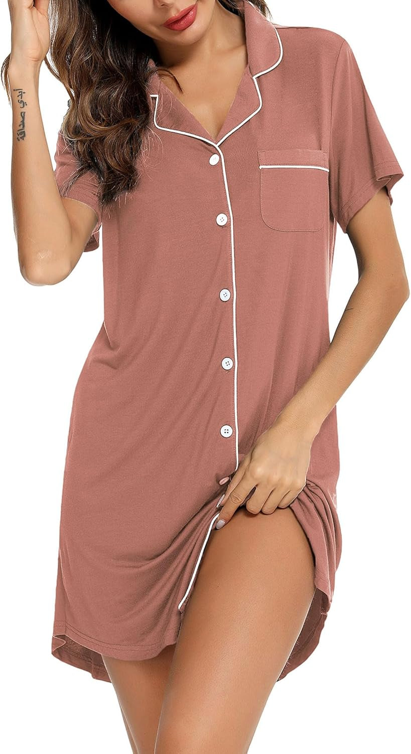 Nightgown for Women Sleep Shirt Short Long Sleeve Sleepwear Boyfriend Nightshirt Button down Pajama Dress S-XXL