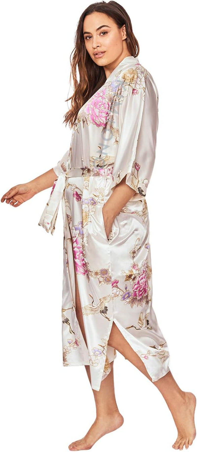 plus Size Women'S Satin Kimono Robe Long - Floral