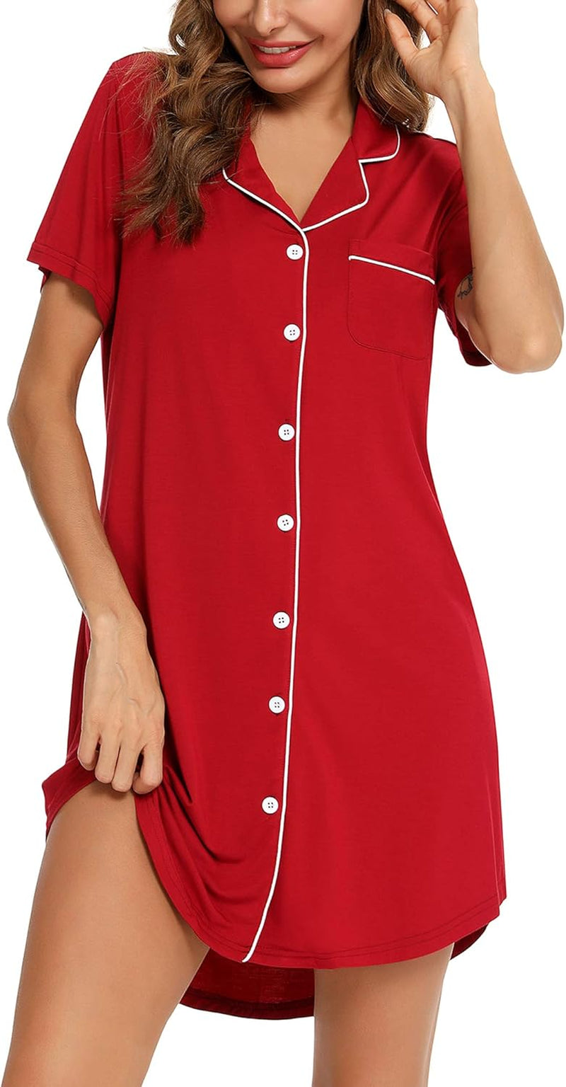 Nightgown for Women Sleep Shirt Short Long Sleeve Sleepwear Boyfriend Nightshirt Button down Pajama Dress S-XXL