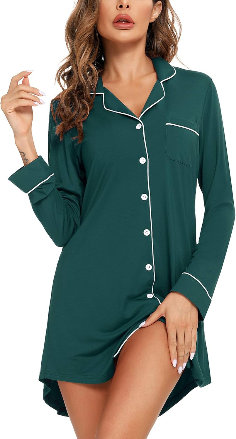 Nightgown for Women Sleep Shirt Short Long Sleeve Sleepwear Boyfriend Nightshirt Button down Pajama Dress S-XXL