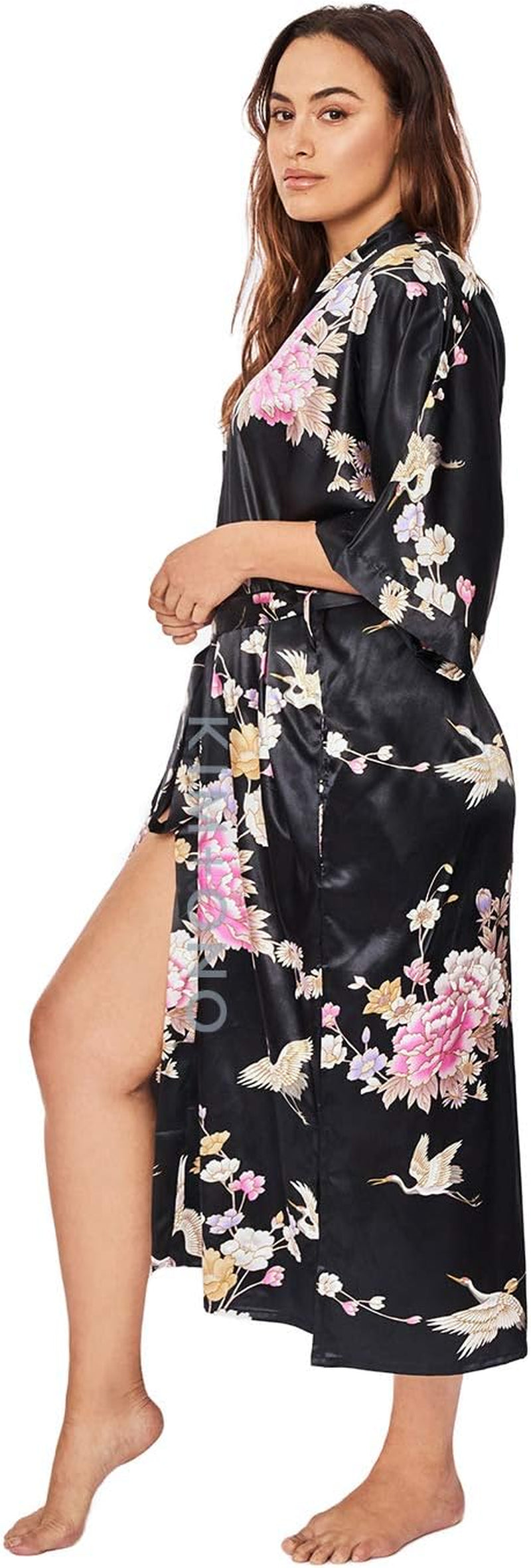 plus Size Women'S Satin Kimono Robe Long - Floral