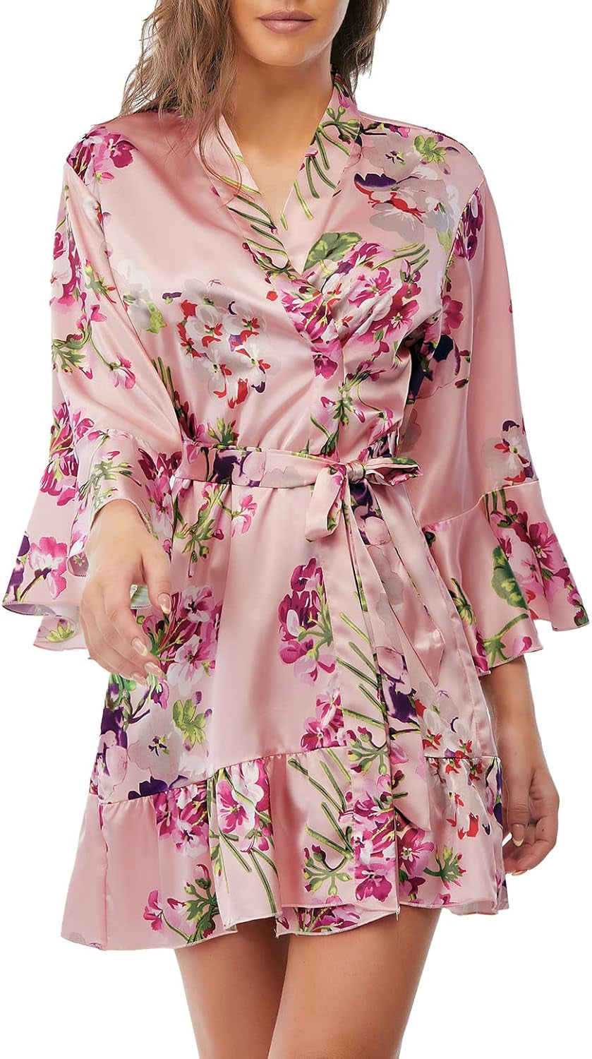 Women'S Silk Robe Kimono Bridesmaid Robes with Ruffle Hem V-Neck Floral Short Satin Wedding Bridal Party Robe,Pink Floral XL.