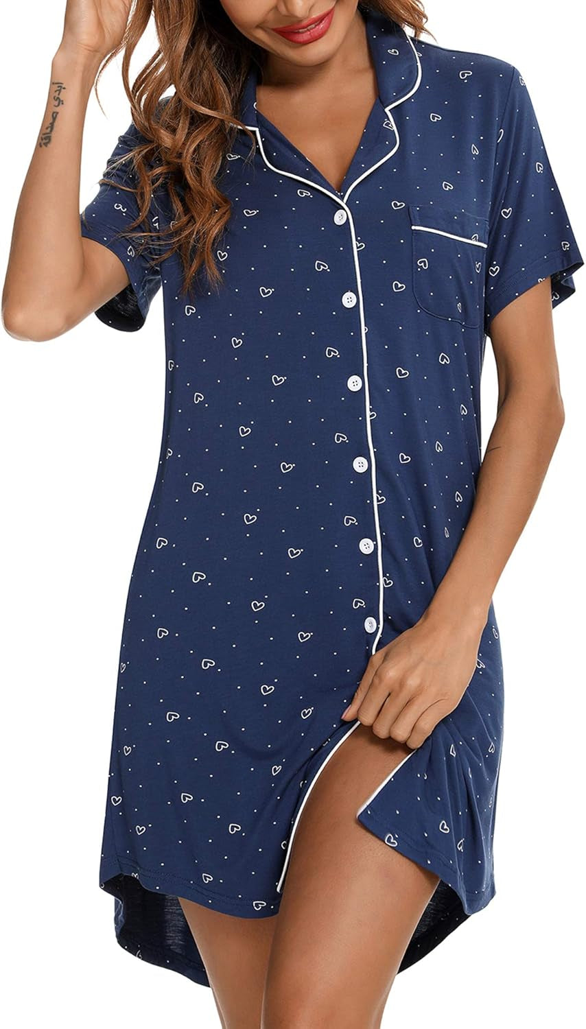 Nightgown for Women Sleep Shirt Short Long Sleeve Sleepwear Boyfriend Nightshirt Button down Pajama Dress S-XXL