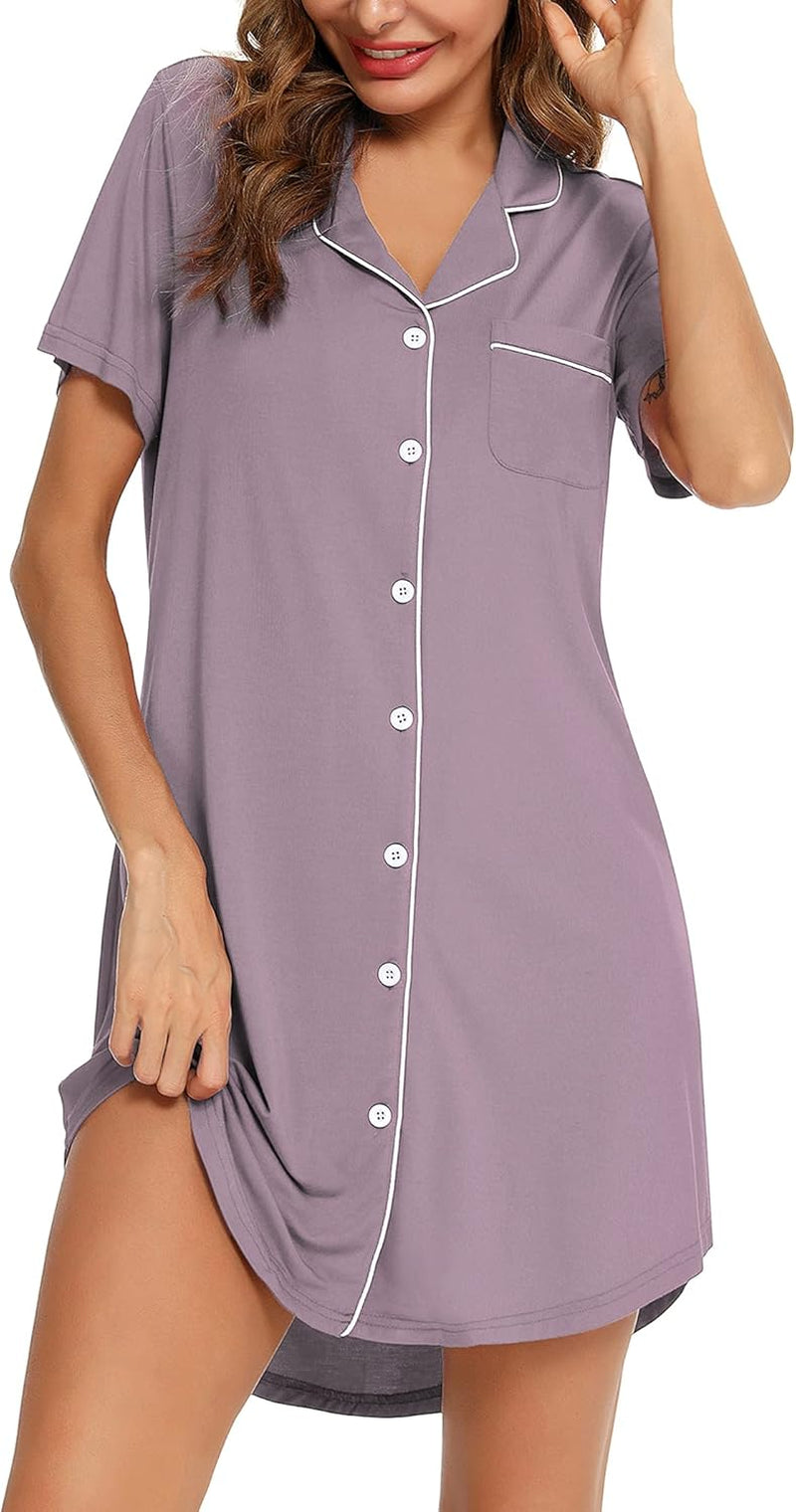 Nightgown for Women Sleep Shirt Short Long Sleeve Sleepwear Boyfriend Nightshirt Button down Pajama Dress S-XXL
