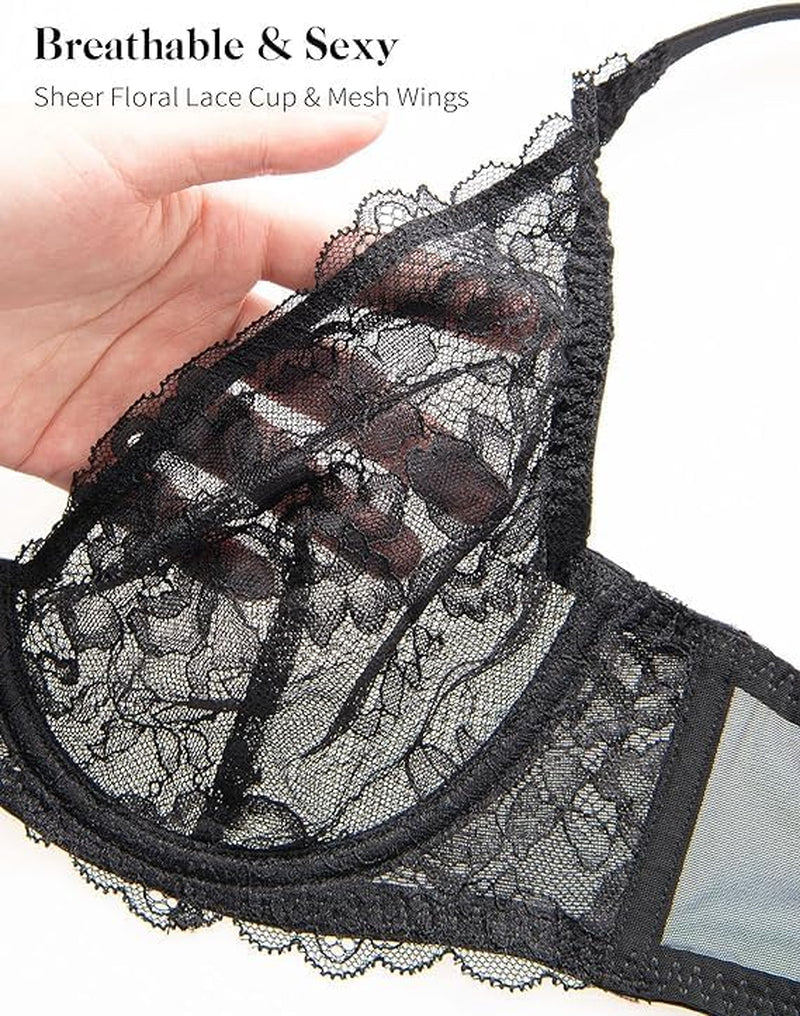 Women'S Sexy Bra Sheer Lace Bra Plunge Unlined Full Coverage See through Underwire Bra